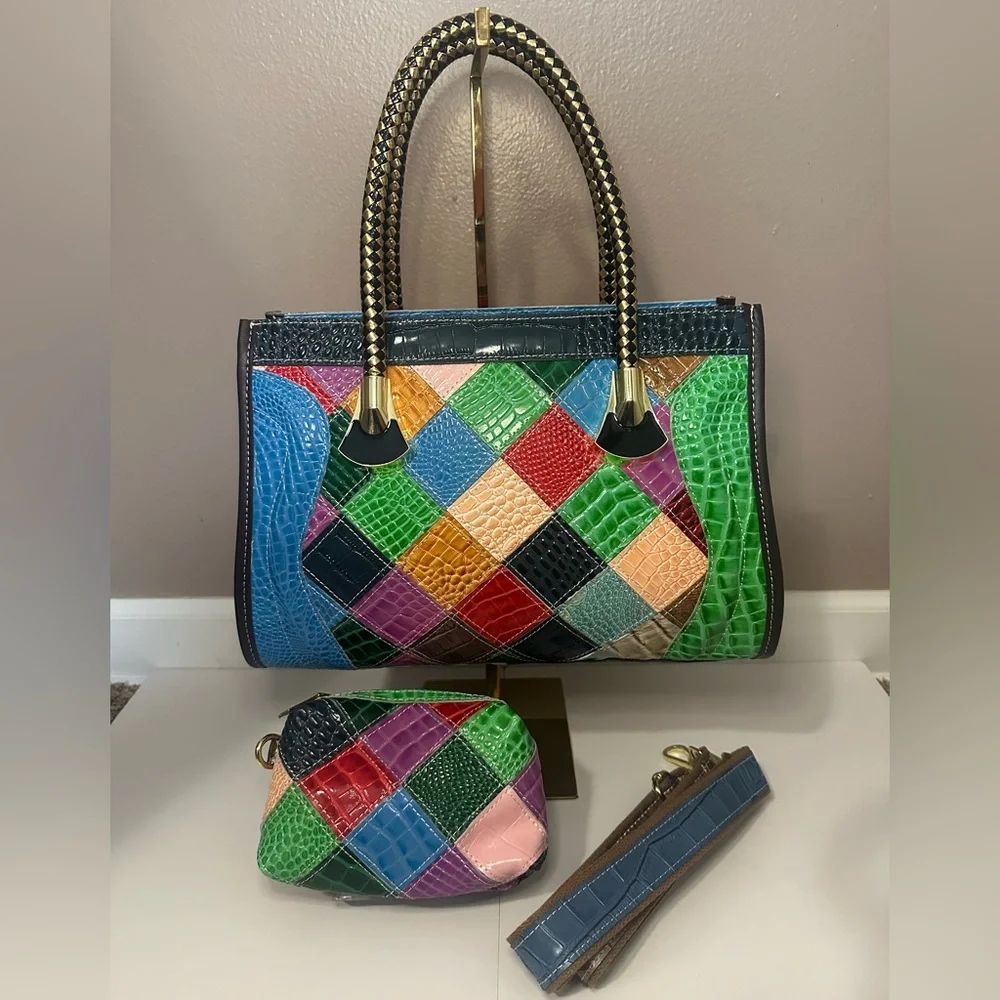 Chaos by Elsie NWT Set of Multicolor Croc Embossed Leather Satchel & Pouch